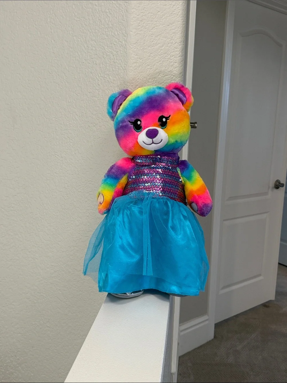 Build-A-Bear Rainbow Plush Bear in Blue Sequin Dress